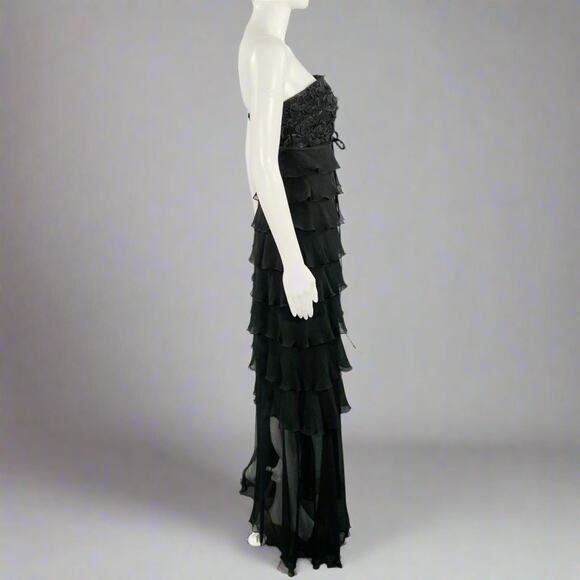 SHAWN RAY FONS Size 6 Black Silk Lace Ruffle Long Cocktail Dress - Picture 3 of 7